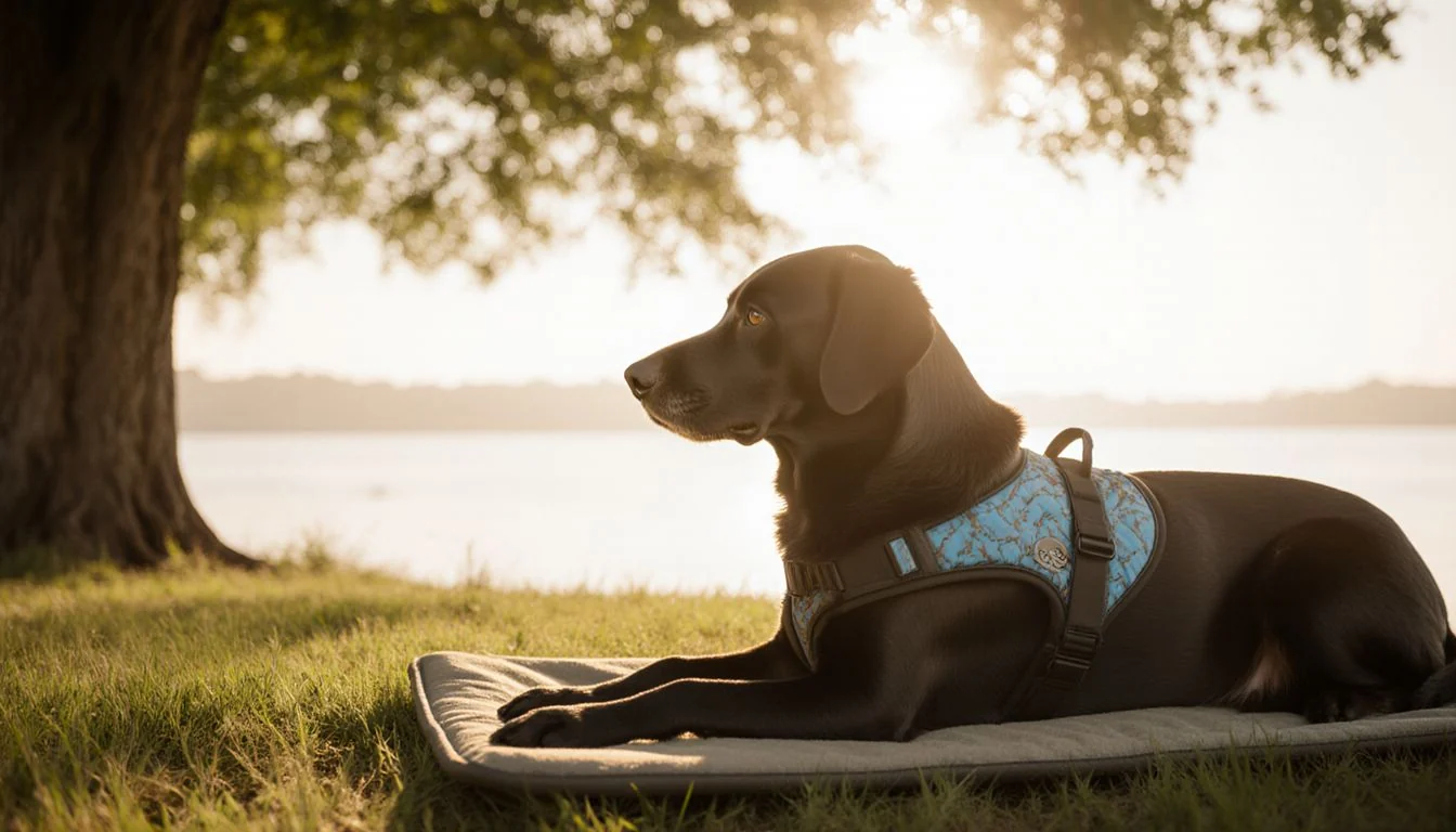 Dog resting in shade on a warm day with water nearby