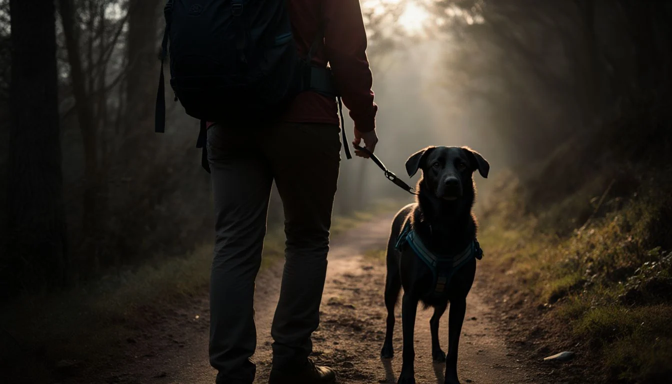 Dog on a trail with manageable leash slack and open ground ahead