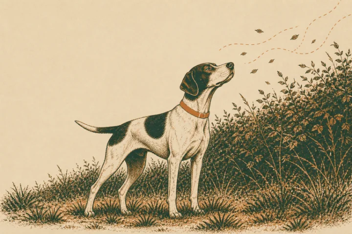 Illustration of a white dog with dark patches standing beside a hedge with its head raised, sniffing the air as leaves drift past on the breeze