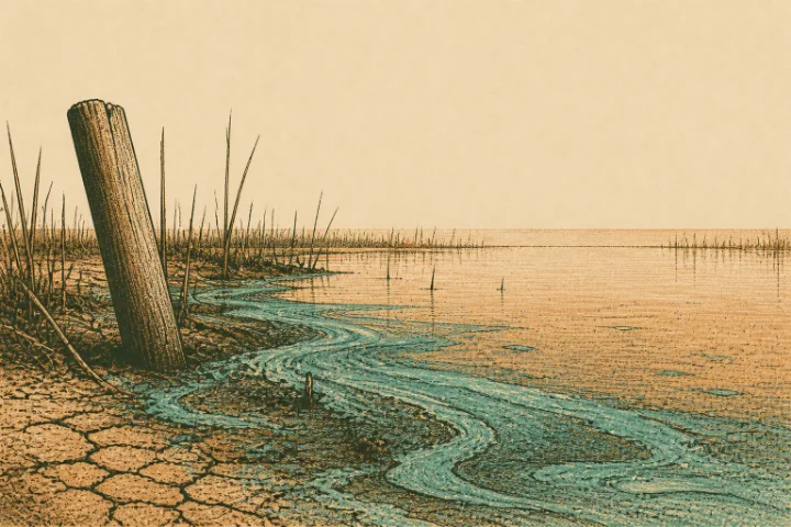 Illustration of a low pond margin where a blue-green algal bloom lies on the surface in opaque ribbons and dries to a crust on the mud at the waterline