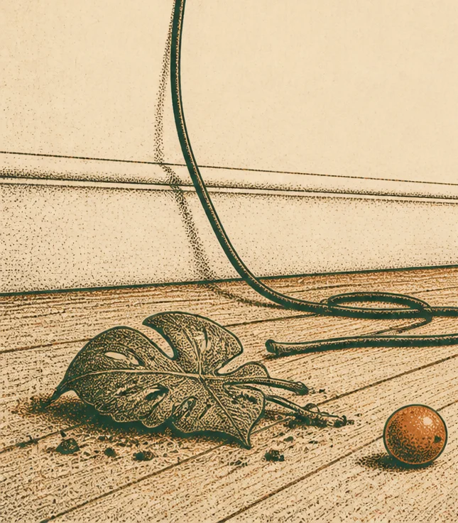 Illustration detail of an electrical cable trailing down onto floorboards beside a fallen plant leaf and spilled soil