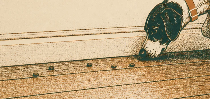 Illustration of a black-and-white dog with its nose to a wooden floor, following a short line of kibble along the skirting board
