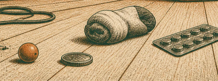 Illustration detail of a grape, a coin, a rolled sock and a blister strip of tablets lying on floorboards