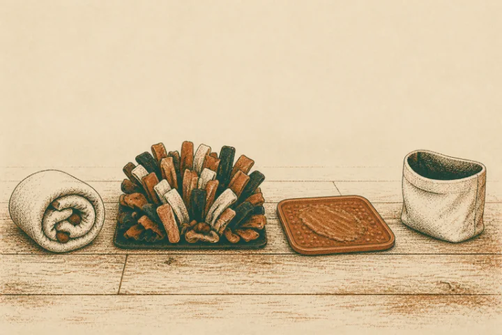 Illustration laying out four plain indoor enrichment objects: a rolled towel with kibble in its folds, a strip mat, a ridged lick mat and a fabric treat pouch