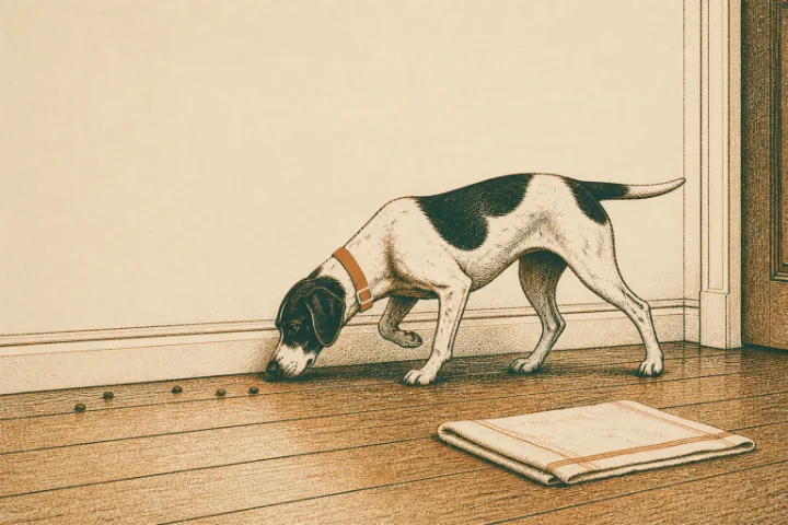 Illustration of a black-and-white dog sniffing along the skirting board of a wooden-floored hallway, following a line of kibble, with a folded towel on the floor nearby