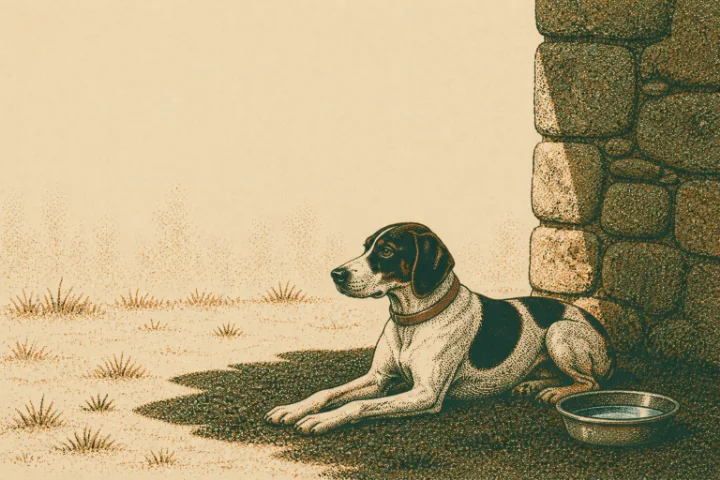 Illustration of a dog resting alert in a hard patch of shade beside a stone wall with a water bowl, the ground beyond bleached with heat