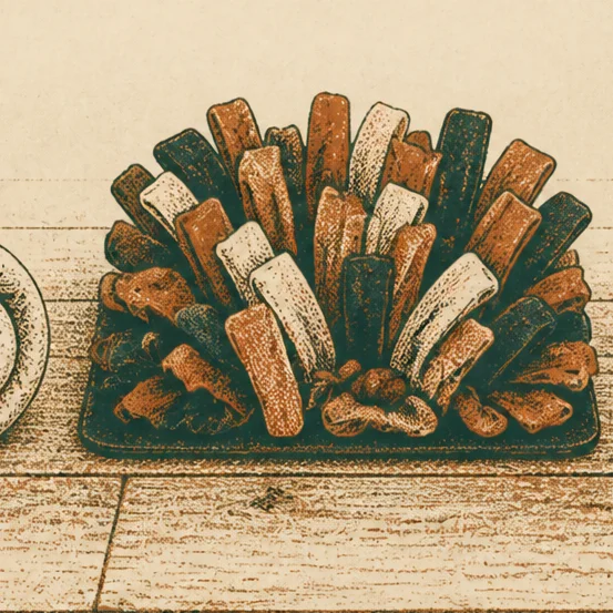 Illustration of a square fabric mat with dense cloth strips standing up out of it and kibble dropped down between them