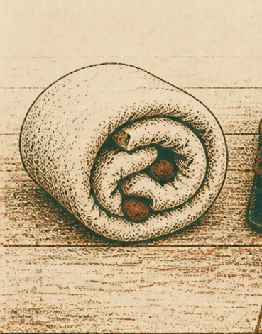 Illustration of a plain cotton towel rolled into a loose spiral with kibble tucked into its folds