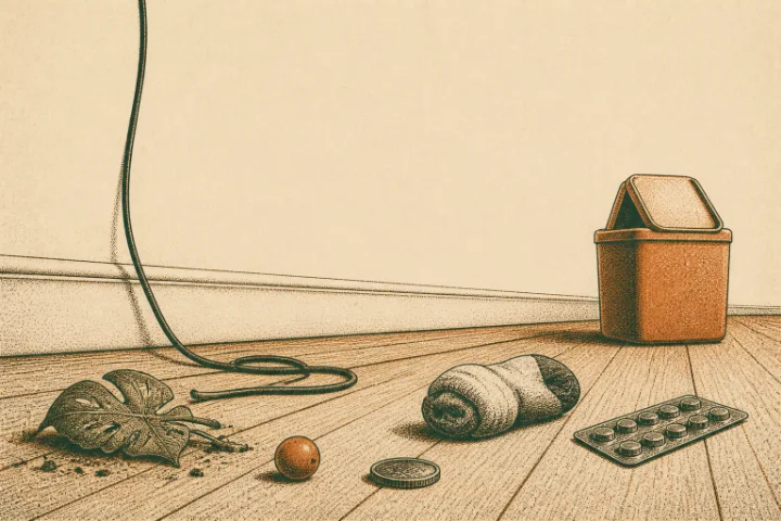 Illustration looking along a floor at puppy height, showing a trailing cable, a fallen plant leaf and spilled soil, a grape, a coin, a rolled sock, a blister strip and a bin with its lid ajar