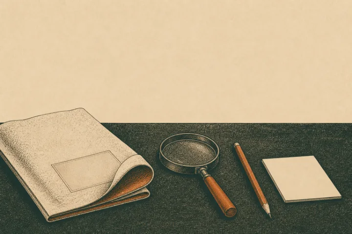 Illustration of a plain feed sack corner with a blank stamped panel, a magnifying glass, a pencil and a blank index card on a dark desk