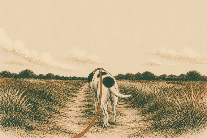 Illustration from behind the handler of a white dog with black patches walking ahead along a grassy field path on a loose orange lead that dips toward the ground