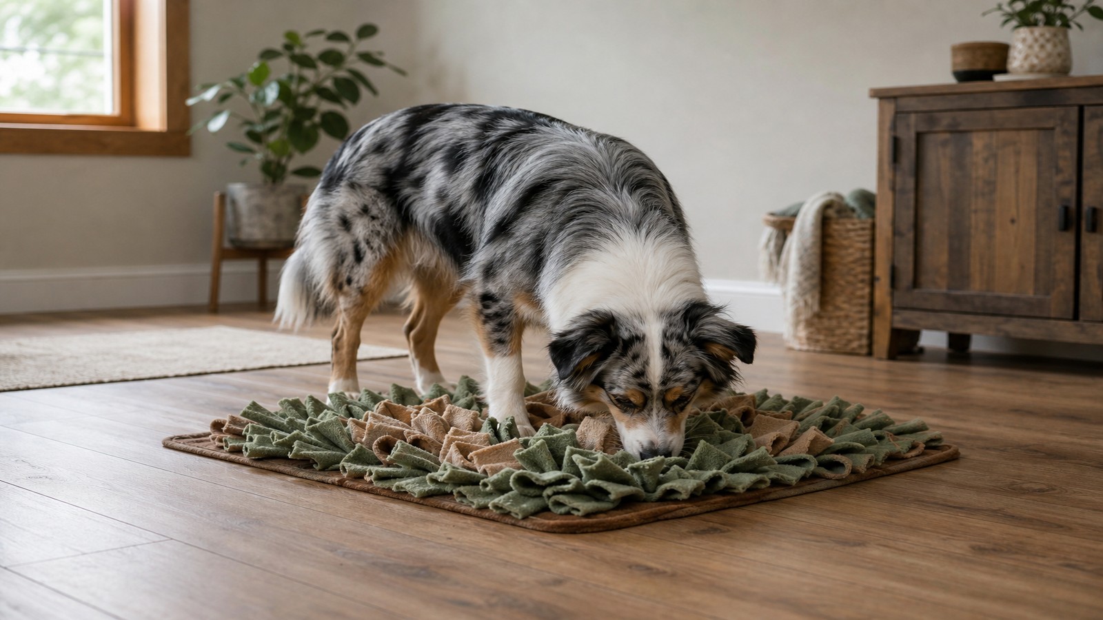 Dog engaged with indoor lick mat enrichment in soft light