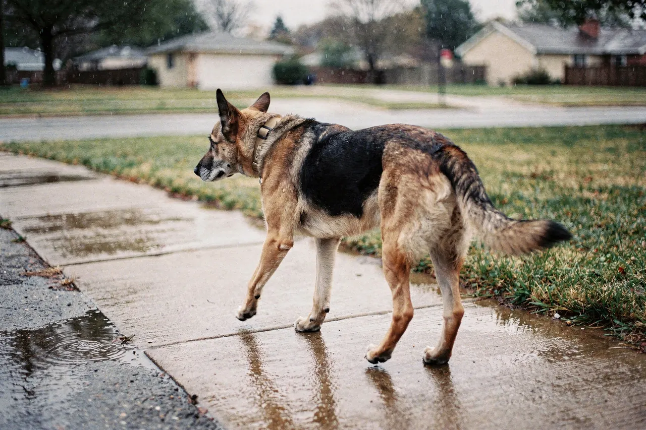 Older shepherd-mix walking slowly along a wet neighborhood sidewalk, collar only