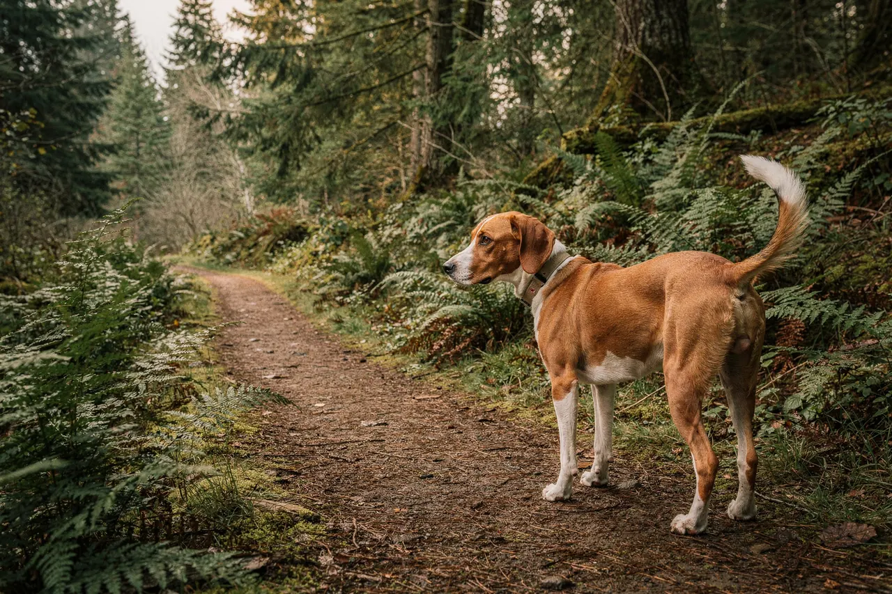 Lean brown-and-white hound mix paused on a forest dirt trail among ferns