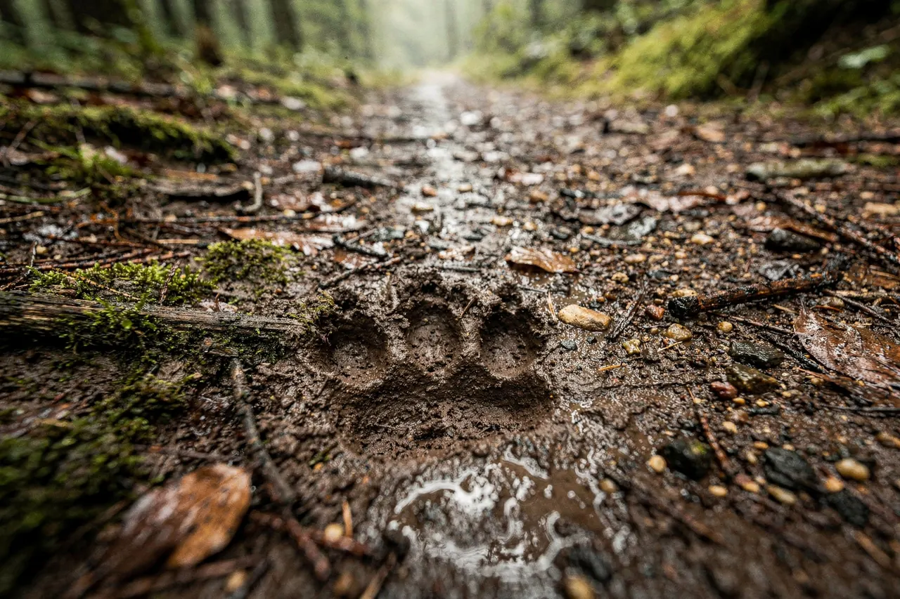 Close documentary view of damp trail soil, moss, and a single paw print after rain